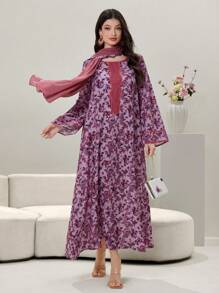 Al Najma Round Neck Floral Patchwork Solid Color Ruffled Hem Abaya Dress With Headscarf,Modest - Orange - View 2