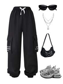 Pantalones con bolsillo plisado y cordón para niñas y unisex, estilo casual
