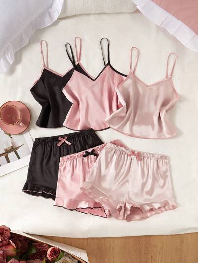 Genkimix Kids Conjunto de pijama de 6 piezas para niñas, camiseta de tirantes de unicolor casual con ribete de moño + shorts, traje cómodo de ropa de estar en casa para niñas preadolescentes