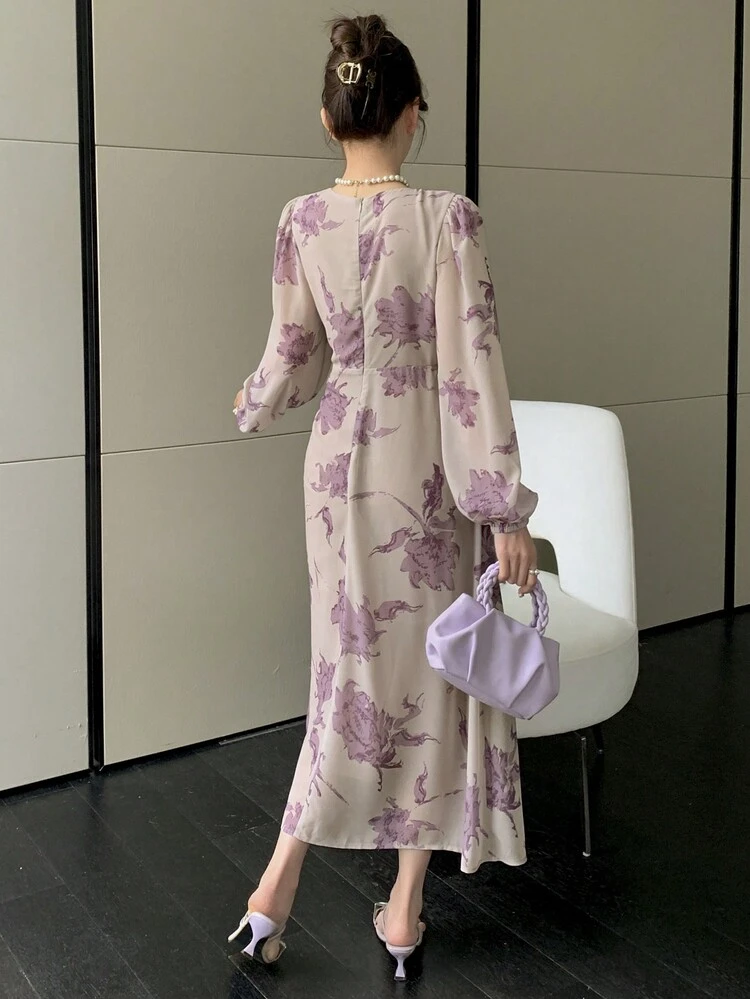 1 Pc Women's Floral Pattern V-Neck Long Wrap Dress, Purple, Spring/Summer/Autumn Long Sleeve Dress Maxi Dress