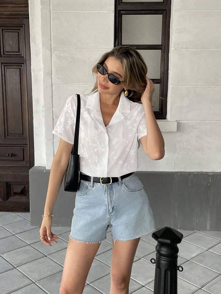 Chiquease 女士半透明网眼短袖衬衫，休闲/办公装，春夏 - 白色 - 查看 1