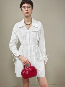 Muvela Damen Weißes Lässig/Business Einfarbiges Hemdkleid mit Schleife Knopfleiste vorne, Schmetterling-Ärmelauschnitt, taillierter Bund, Frühlings- und Sommer-Maxikleid