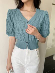 DAZY Women Casual Solid Color Puff Sleeve Button Front Knitted Top