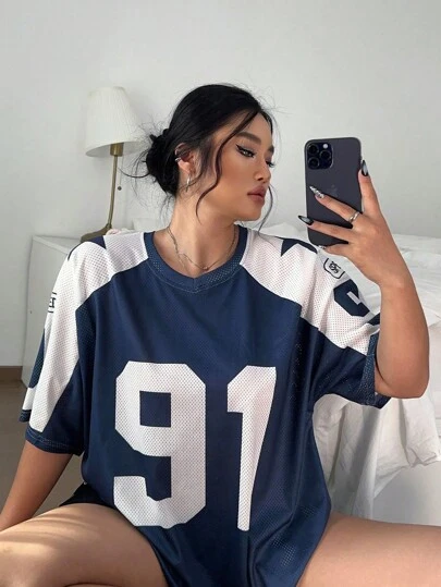 POPSWAY 大码网眼对比数字印花宽松短袖 T 恤，春/夏