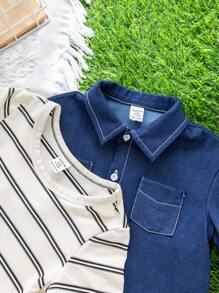 SHEIN Leap Crew 3 件套包括条纹 T 恤、淡蓝色衬衫、条纹短裤、男婴夏季休闲可爱服装 - 彩色 - 查看 7