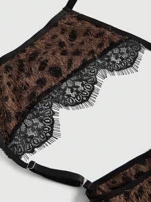 ROMWE Grunge Punk 3 件套朋克狂野蚊香豹纹金属链运动胸罩、丁字裤和吊袜带性感内衣套装 - 黑色 - 查看 4