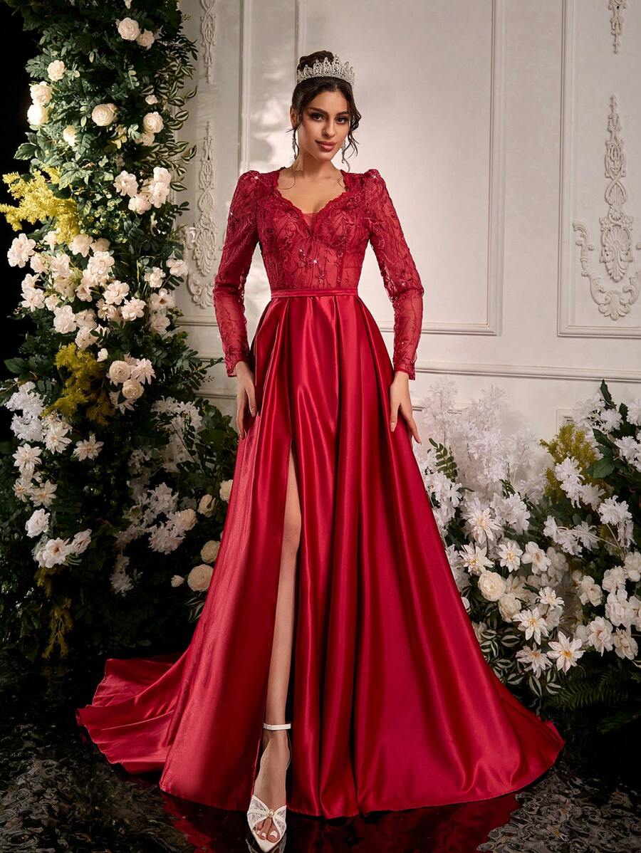 Glamrae Elegant Luxurious Romantic V-Neck Long Sleeve French Lace And Chiffon With Ruffle And Backless Design, Glossy Satin Extra-Large A-Line Hem Wedding Dress, Suitable For Weddings, Parties, Vacation, Graduation, Bridal - Red - View 1