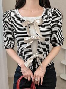 FRIFUL Damen Kurzarm Lässig gestreiftes Binden Figurbetontes T-Shirt Süße Oberteile - Schwarz und Weiss - Übersicht 2