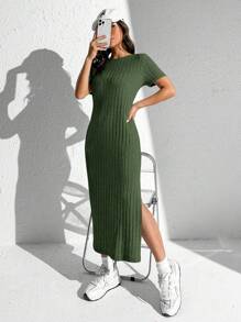 SHEIN EZwear Vestido de punto acanalado con abertura lateral para el verano - Verde - Ver 4