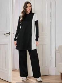 Seusyu 2pcs Women Casual/Office Outfit: Round Neck Color Block Side Slit Top And Loose Fit Pants, Black 2 Pieces Set Fall Cloth For Women - Black - View 7