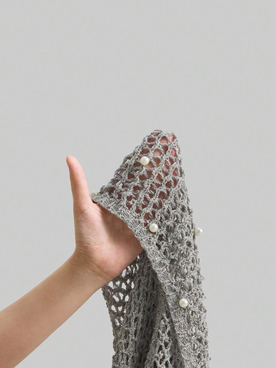 Women's Gray Bohemian Style Vacation Loose Lace Hollow Out Faux Pearl Decor Casual Cover Up