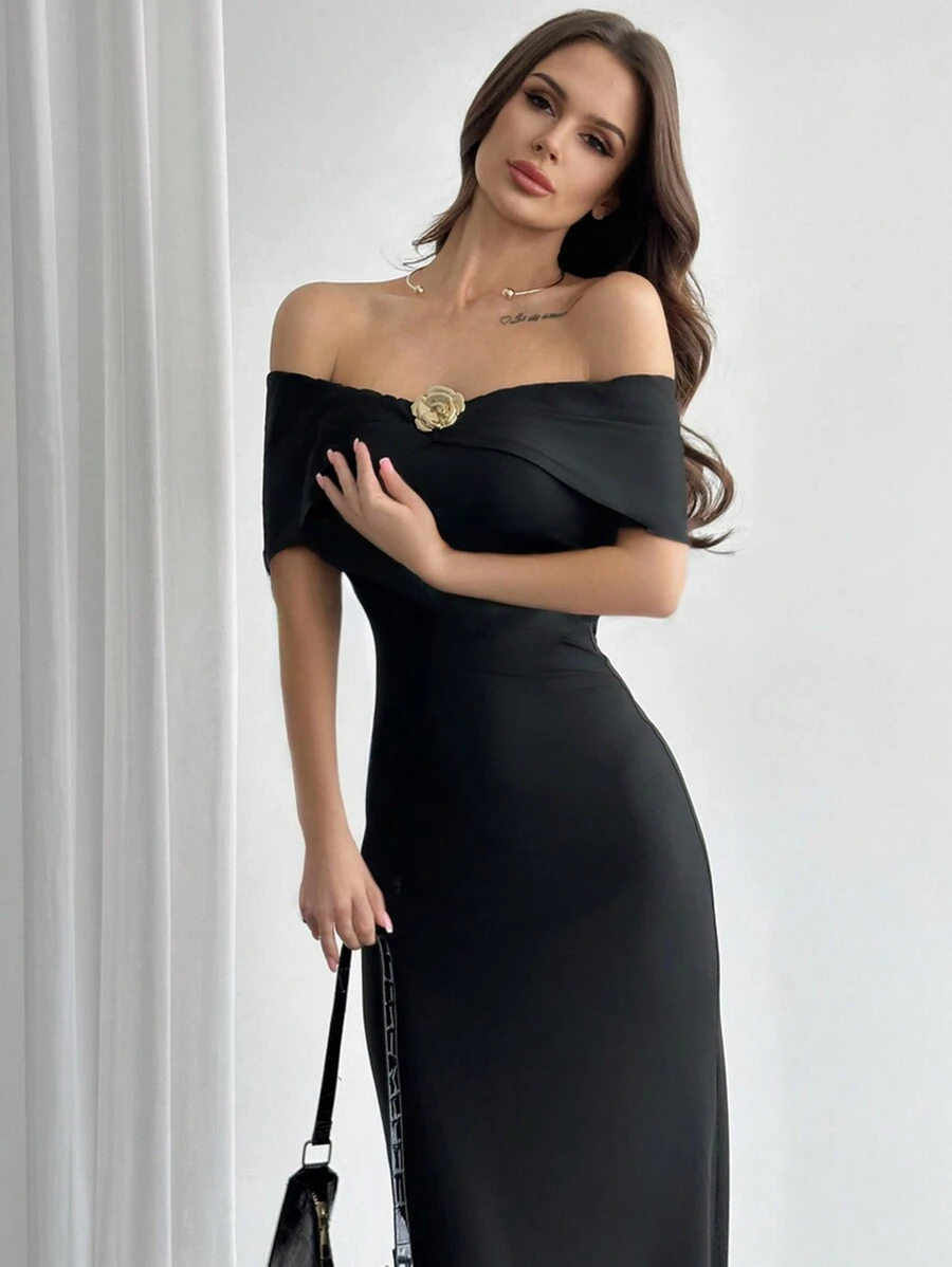 Firerie 优雅金属装饰露肩紧身美人鱼长裙，浪漫约会和日常穿着，节日/春季/夏季 - 黑色 - 查看 1