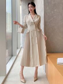 DAZY 纯色拼布褶皱女士中长连衣裙，秋季连衣裙长袖连衣裙 - 杏色 - 查看 1