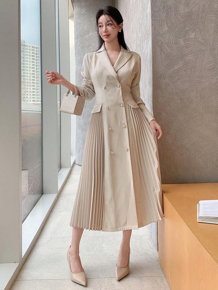 DAZY 纯色拼布褶皱女士中长连衣裙，秋季连衣裙长袖连衣裙 - 杏色 - 查看 1