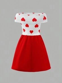 SHEIN 1pc Teen Girls' Off Shoulder Fitted Heart Print Red Bow Decor Dress. This Dress Is Suitable For Various Occasions Such As School Events, Family Gatherings, And Friend Get-Togethers. It Can Showcase The Youthful Vitality And Charm Of Teenagers. - Red - View 2