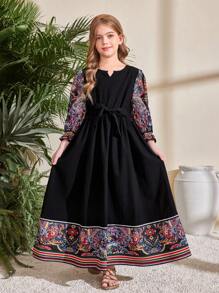 SHEIN Tween Girl Retro Print Puff Sleeve A-Line Long Dress - Black - View 3