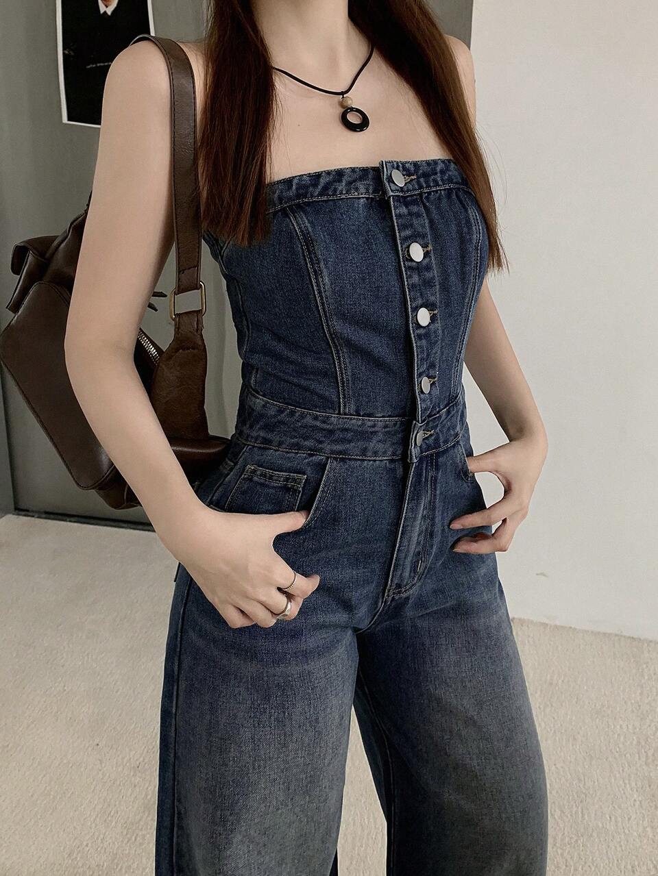 Women's Button Front Half Placket Pocket Wide Leg Halter Denim Jumpsuit
