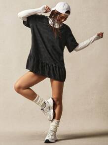 VARSITIE Women Round Neck Short Sleeve Simple Casual Short Sporty Dress - Black and White - View 1