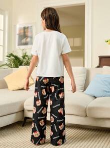 SHEIN Leap Crew Tween Girl Cute Cartoon Bear & Letter Pattern Round Neck Short Sleeve Straight Leg Loose Sleepwear Set, 2pcs, (2 Sets Sold Separately) - Black and White - View 5