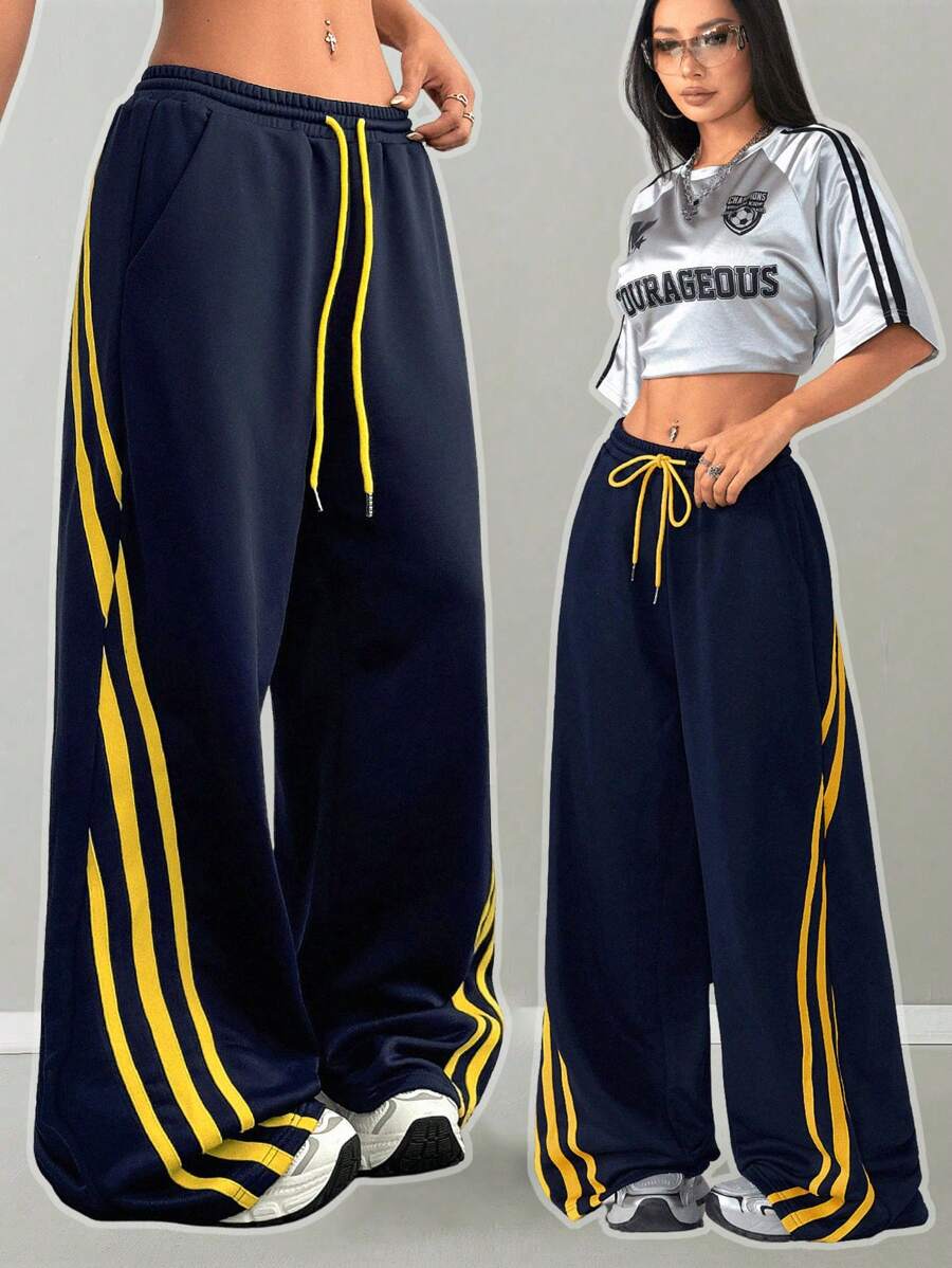 Coolane Women's Spring/Summer Couple Costumes Game Day Going Out Preppy Yellow Contrast Color Webbing Sweatpants,Rave Festival Outfits,Mardi Gras