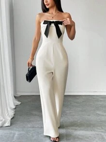 Elenzga Women's Elegant Bow Decor Contrast Color Jumpsuit, Long Length, Spring/Summer - Apricot - View 3