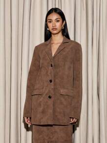 AiiRZ Luxurious Oversized Suede Blazer Professional Business Office Wear Designer Single Breasted Fall Winter Structured Coat Jacket With Button Closure - Coffee Brown - View 7