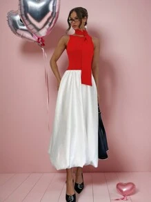 SHEIN Essnce 女士休闲勃艮第红白连衣裙纯色短袖连衣裙缎面蓬蓬裙中长版连衣裙泡泡 2 件套女士长裙配围巾新年女士服装连衣裙休闲度假服装女士圣诞连衣裙女士情人节