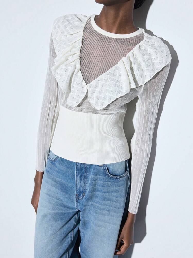 SHEIN Maija Pull en tricot ajusté à manches longues, col V à volants, en patchwork de tissu blanc, pour femmes, printemps/été