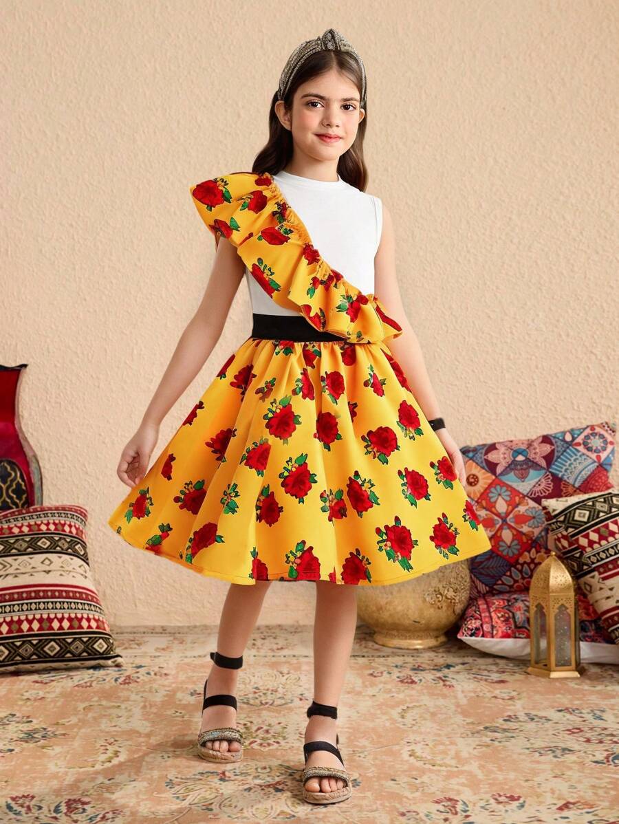 Set de 2 piezas de Top sin mangas de cuello redondo y falda minimalista para niña preadolescente - Amarillo - Ver 1