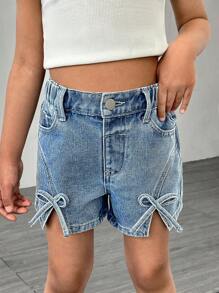 SHEIN Shorts vaqueros sueltos y casuales con decoración de mariposa para niña, diseño cómodo y suave en forma de A, versátil para usar en la calle, nueva colección primavera/verano 2025, adecuado para uso diario