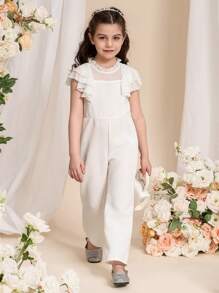 Young Girl Solid Color Frill Trim Simple Romper, Casual Daily Wear - White - View 3