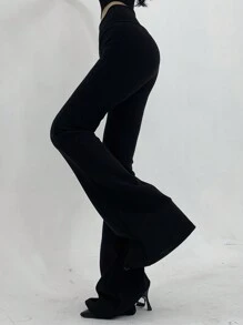 Strévra Women High Stretch Solid Color Simple Skinny Flare Pants, Casual Daily Wear