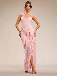 SHEIN BAE Vestido de novia de boda súper largo con espalda descubierta y hoja de loto de color rosa sólido sexy, vestido de dama de honor, vestido para citas, vestido de fiesta, vestido de temporada escolar, vestido de vacaciones, vestido de cumpleaños, vestido para salir de noche, ropa de verano para mujer, ropa de primavera, atuendo para el Día de San Valentín, carnaval, atuendo de vacaciones en la playa