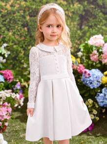 SHEIN SHEIN Young Girl Fall/Winter Christmas Elegant Contrast Lace Collar Fold Pleated Dress