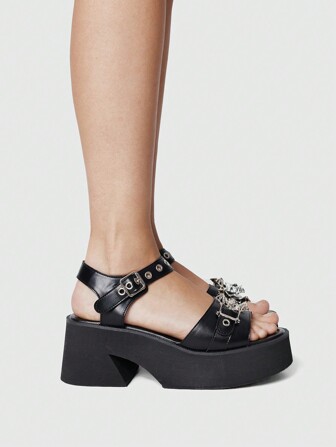 Grunge Punk Damen Punk-Stil runde Zehenkappe Keilsandalen mit dickem Absatz und PU-Leder-Mehrfachriemen, geeignet für Abschlussfotos und berufliche Anlässe