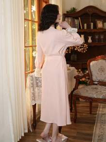 French Retro Lace-Patchwork Long Sleeve Bathrobe - Baby Pink - View 2