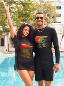 Manfinity Swimmode 2pcs/Set Men Crew Neck Long Sleeve Print Casual Shirt And Shorts Couple Boyfriend Men Swim Trunks