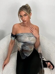 SHEIN Privé Top moulant à volants asymétriques, épaules dénudées, teinture nouée, taille froncée, ourlet pour festival, Saint-Valentin, concert, rave pour femmes - Multicolore - Voir 3
