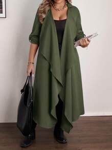 Flirla Plus Size Casual Waterfall Collar Long Coat , For Christmas Women Fall Clothes Winter Autumn - Army Green - View 6