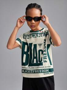 SHEIN Tween Girls Spring/Summer Letter Print Drop Shoulder Short Sleeve T-Shirt - Army Green - View 4