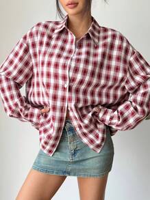 Flirla Camisa de manga larga a cuadros de estilo urbano casual para mujer