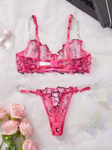 2pcs Women's Embroidered Heart Design Chain Detail Bra And Panty Lingerie Set - Hot Pink - View 2