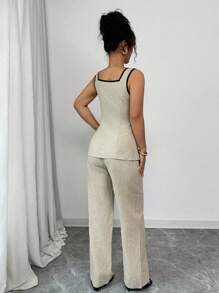 Chiquease 2 pièces Ensemble de blouse sans manches et pantalon pour femme, design blocs de couleurs