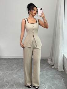 Chiquease 2 pièces Ensemble de blouse sans manches et pantalon pour femme, design blocs de couleurs