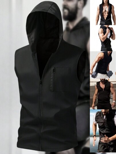 Manfinity Homme Jaqueta Colete Esportiva Casual Masculina com Zíper Frontal, Sem Mangas, com Capuz, para Uso Externo, Bolsos com Zíper e Bolsos Laterais Simples e Práticos. O Design com Zíper Frontal é Fácil de Vestir e Tirar, Muito Adequado para Uso Diário, Viagens, Esportes e Atividades ao Ar Livre. Colete Masculino com Capuz e Zíper, Sem Mangas, Casual, para Outono