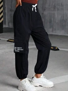 Pantalones con bolsillo plisado y cordón para niñas y unisex, estilo casual