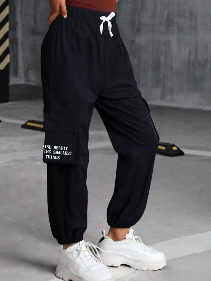 Pantalones con bolsillo plisado y cordón para niñas y unisex, estilo casual