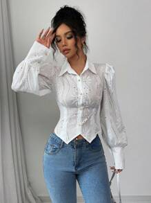 Elenzga Valentine's Day New Arrival Women's Jacquard Embroidery Floral Romantic Puff Sleeve Blouse, Elegant Versatile Slim Fit Hollow Pattern White Long Sleeve Shirt