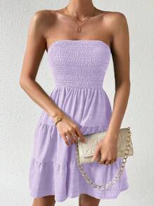 Chiquease Váy Bandeau nhiều tầng đơn sắc thường ngày cho nữ - Màu tím hoa cà - Xem 6
