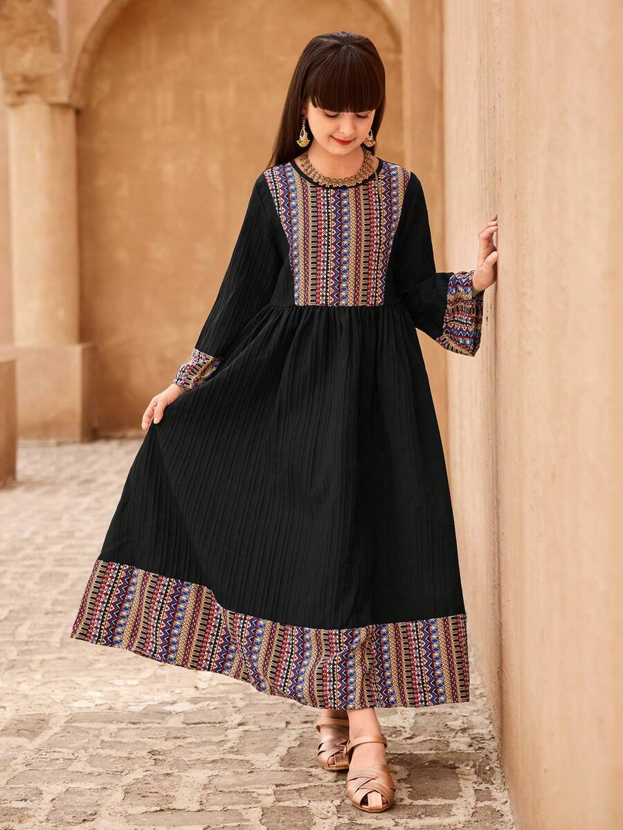 Tween Girls Long Sleeve Casual Minimalist Fashion Daily Dress - Black - View 1